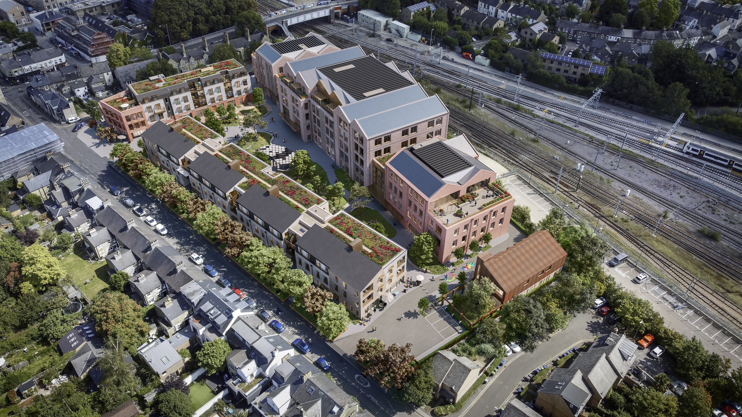 Aerial CGI view of Mill Yard development, Cambridge